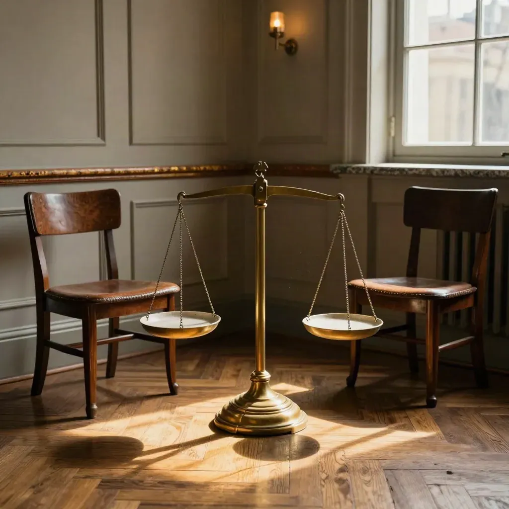 Heritage boardroom corner with antique chairs and balanced brass scale in warm afternoon light