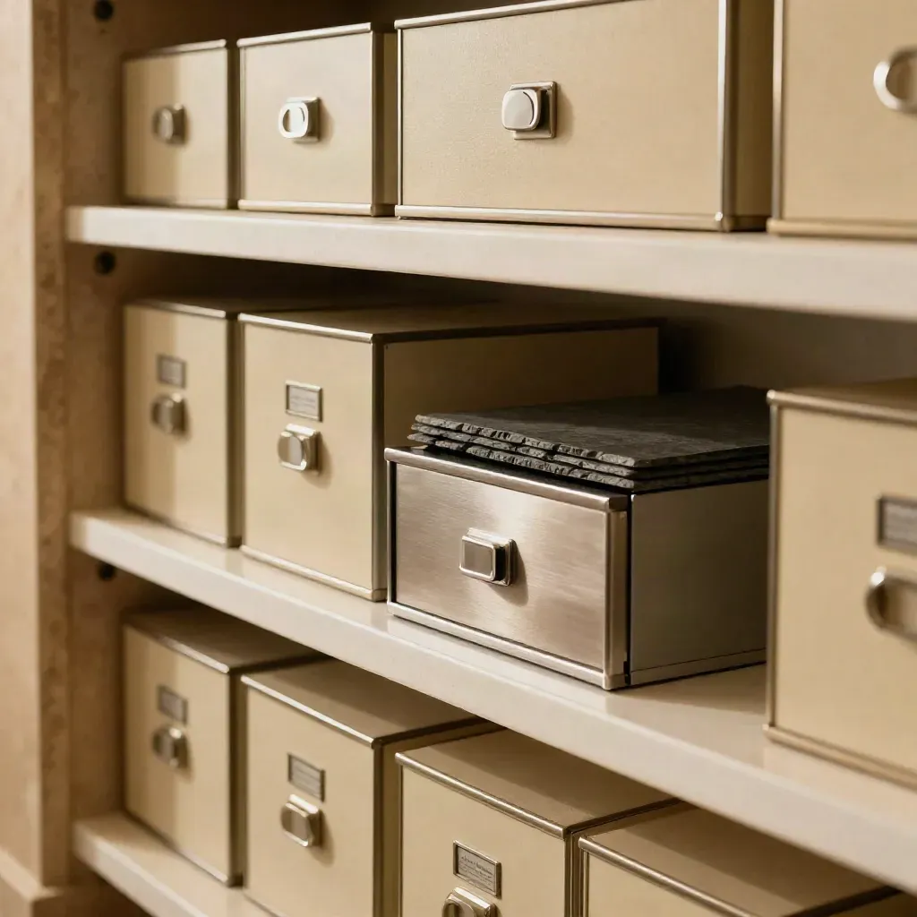 Close vault shelf with aligned safe-deposit boxes, slate bond stack and closed cash drawer in soft haze.