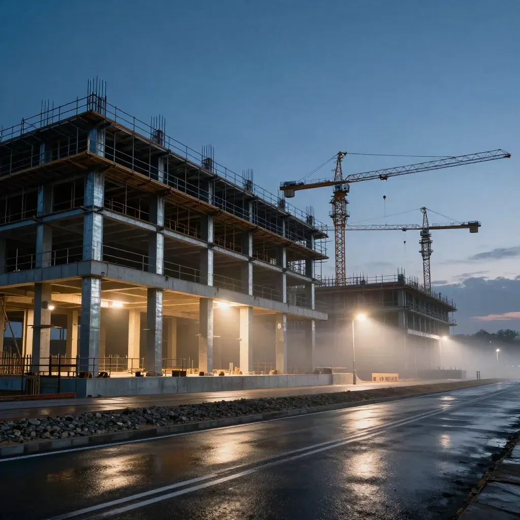 Steel-framed development glowing at blue hour with cranes, haze, and lit concrete levels.