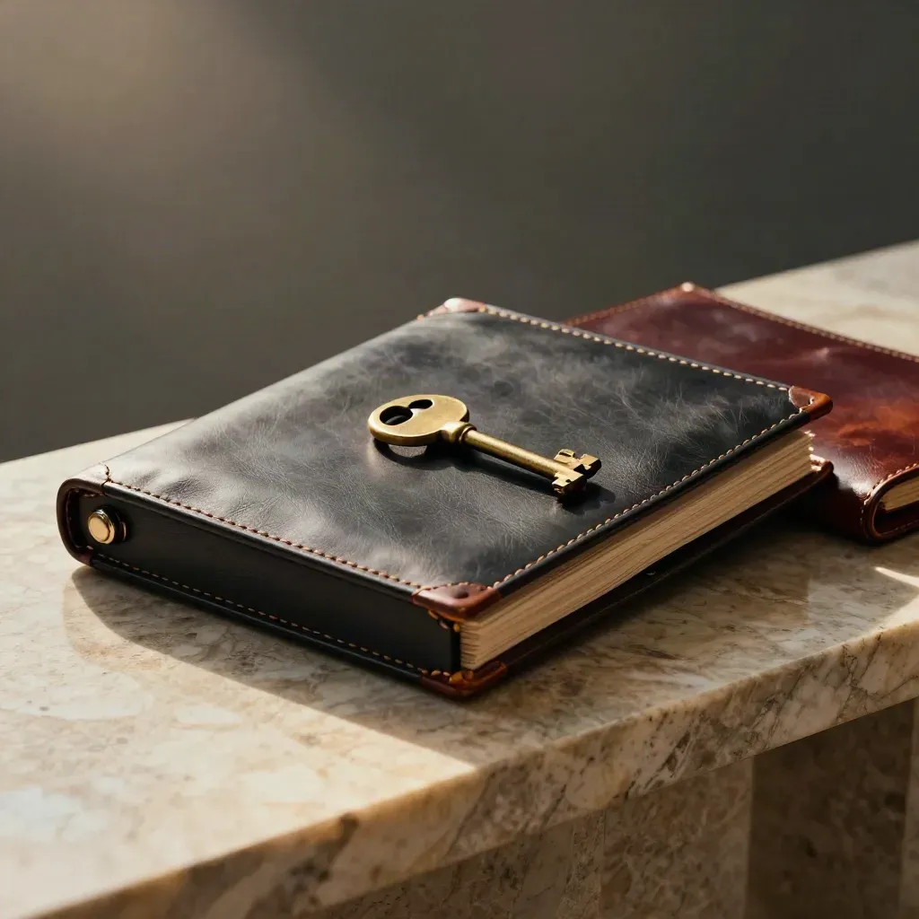 Leather sale handover case, brass key, and closed binders on a polished stone console.