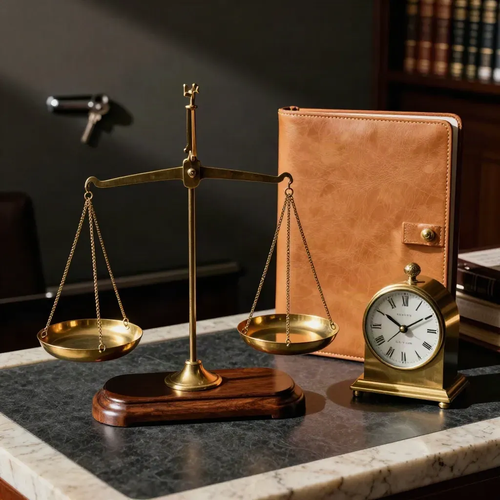 Brass balance scale, leather folio and antique clock on dark walnut in a moody finance still life.