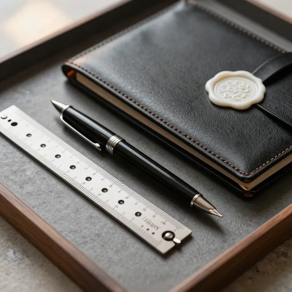 Macro still life of a slide rule, fountain pen and sealed case on a graphite tray