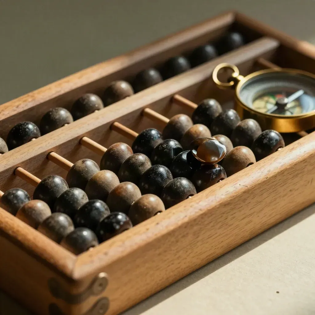 Abacus beads, polished asset stones and brass compass on pale oak
