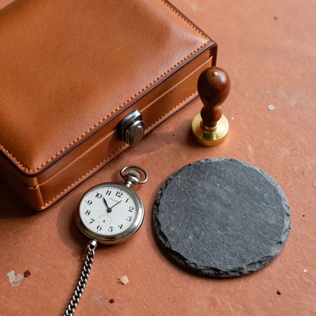 Flat-lay of leather case, brass seal stamp, pocket watch and slate coaster on terracotta plaster.