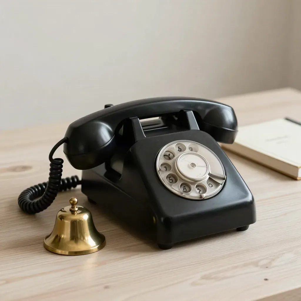 Black rotary phone, brass bell and closed address book on pale wood, softly lit