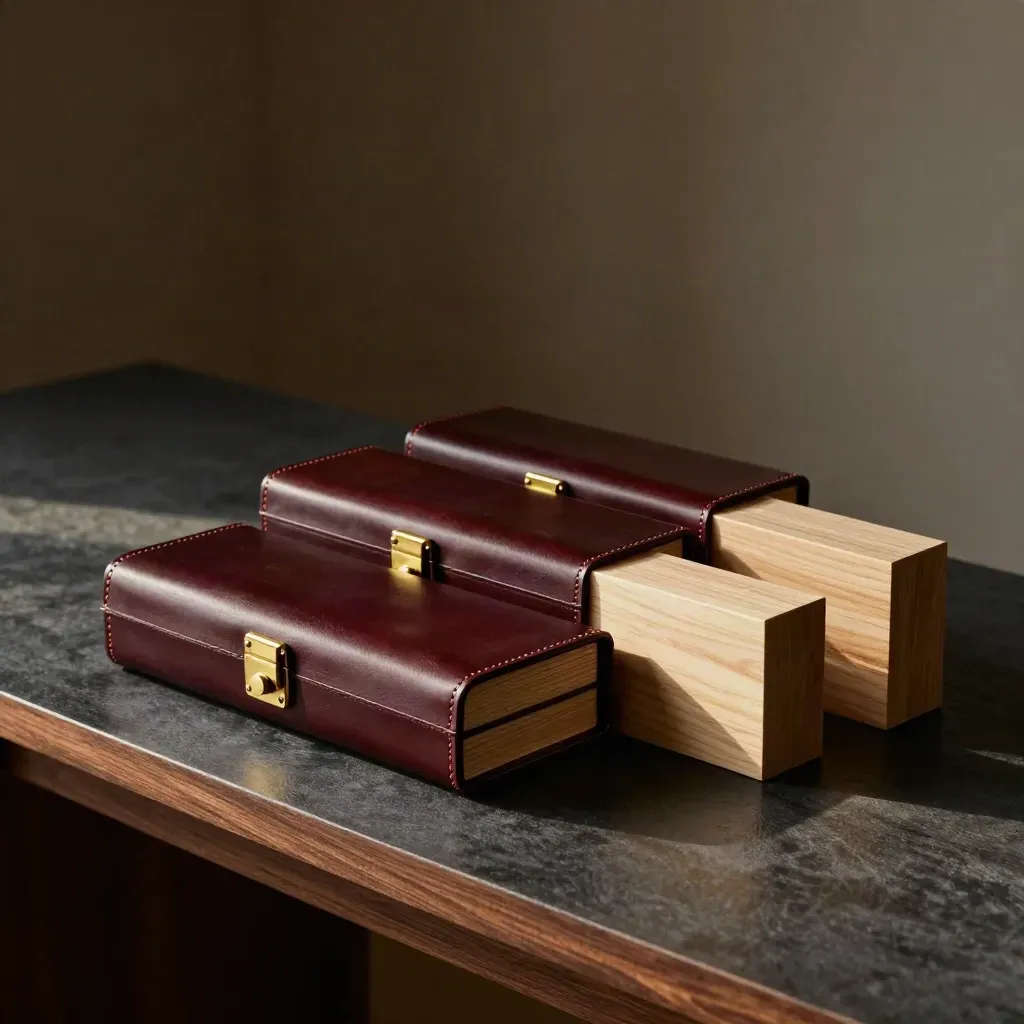Three leather cases and maple blocks on a dark console in soft side light.