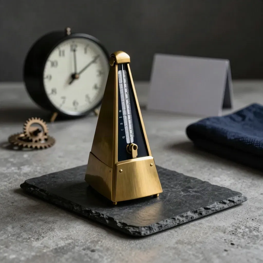 Brass metronome with clock and gear paperweight on a charcoal tray, softly lit still life.