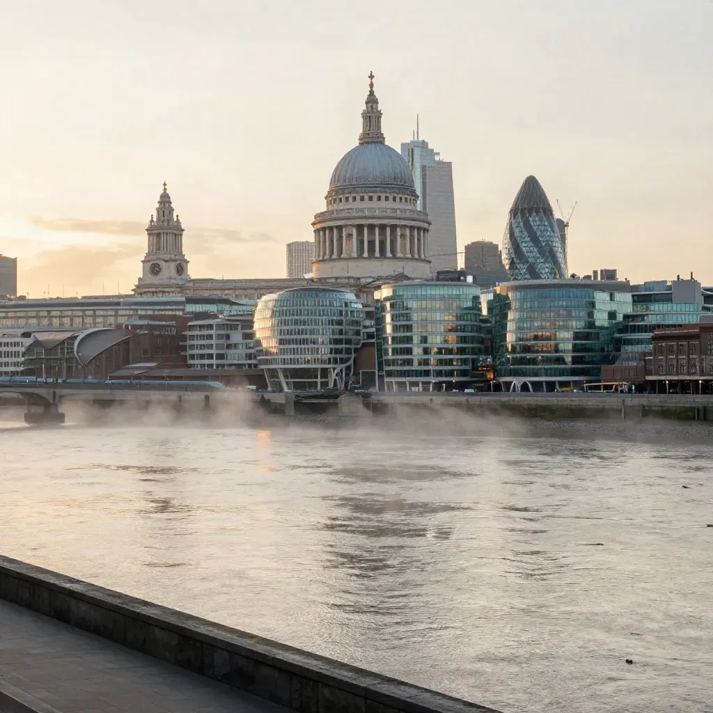 St Paul’s and the City skyline across the Thames in dawn mist, with calm water below.