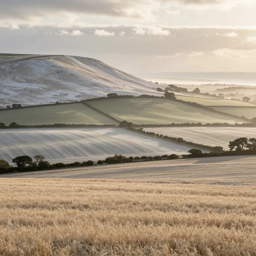 Hazy chalk downs and patchwork fields opening to a pale sea horizon in South East England.