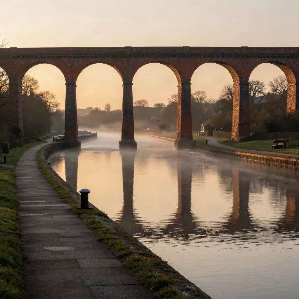 Amber light on a brick viaduct over a calm canal basin in the Midlands at sunset