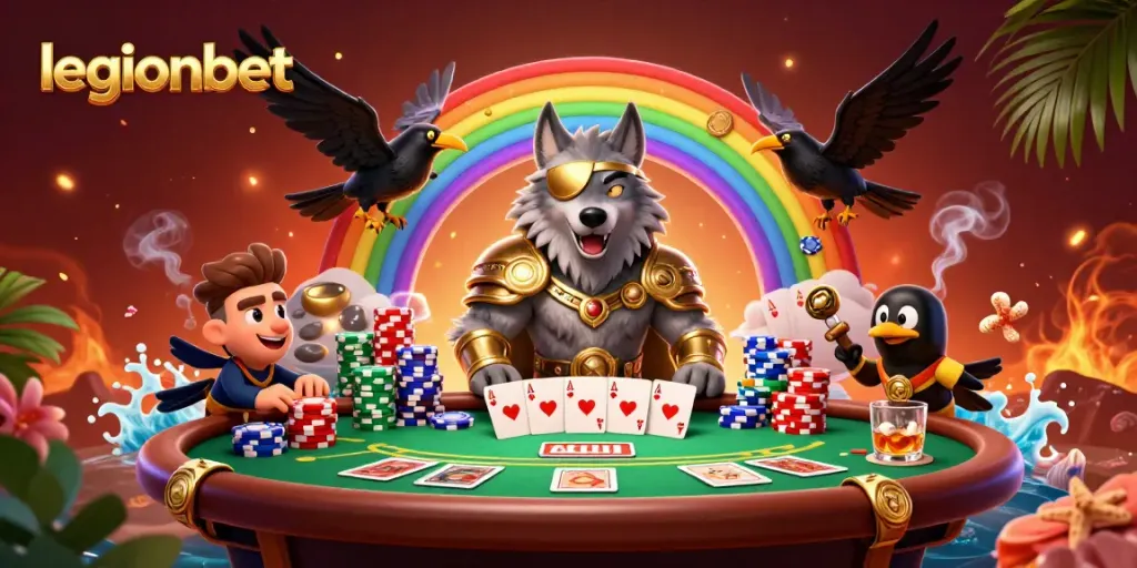 Experience thrilling gambling at legionbet with Odin and ravens on a vibrant casino chip bridge.
