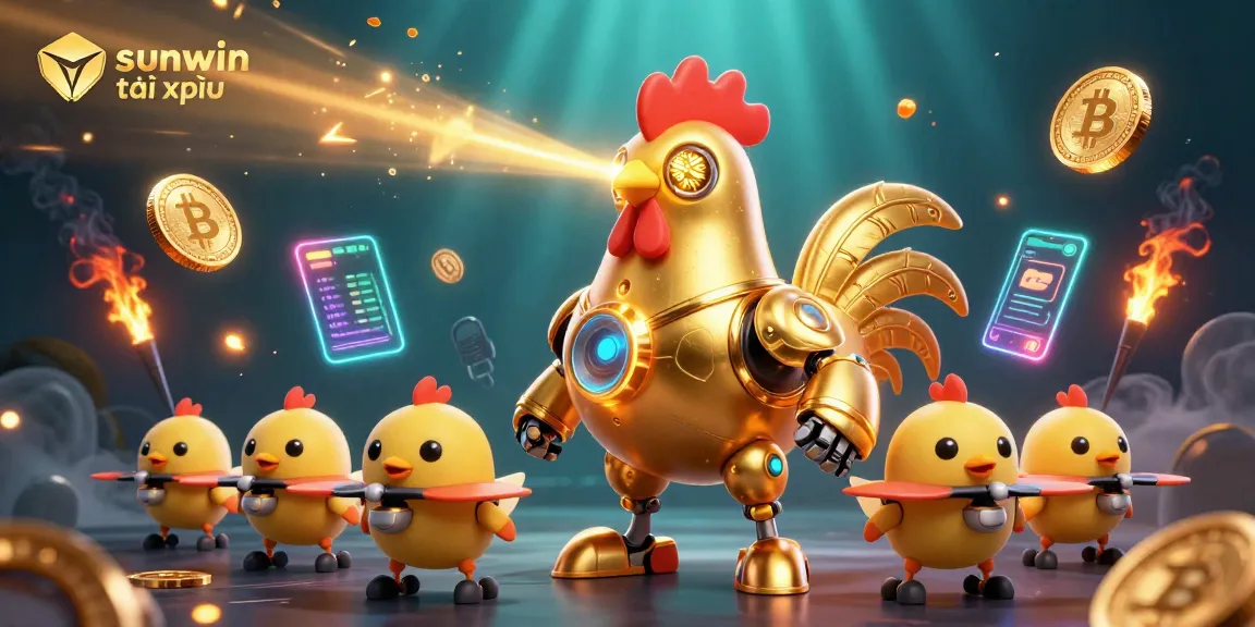 Engage in sunwin tài xỉu with the golden rooster robot amid vibrant crypto elements.