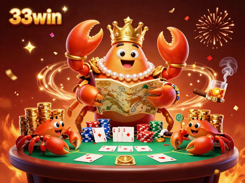 Engage in thrilling games at 33win with our vibrant 3D crab-themed illustration showcasing poker night.