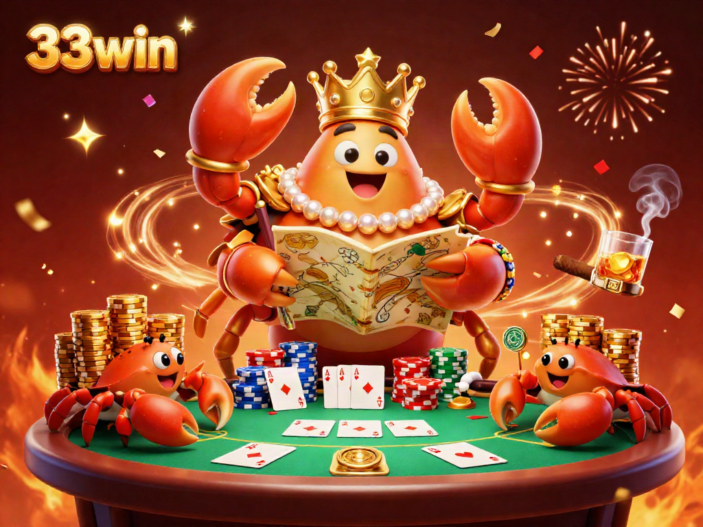 Engage in thrilling games at 33win with our vibrant 3D crab-themed illustration showcasing poker night.