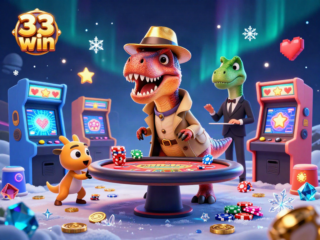 33 win: A velociraptor card counter at a blackjack table, stealing the spotlight in a vibrant casino scene.