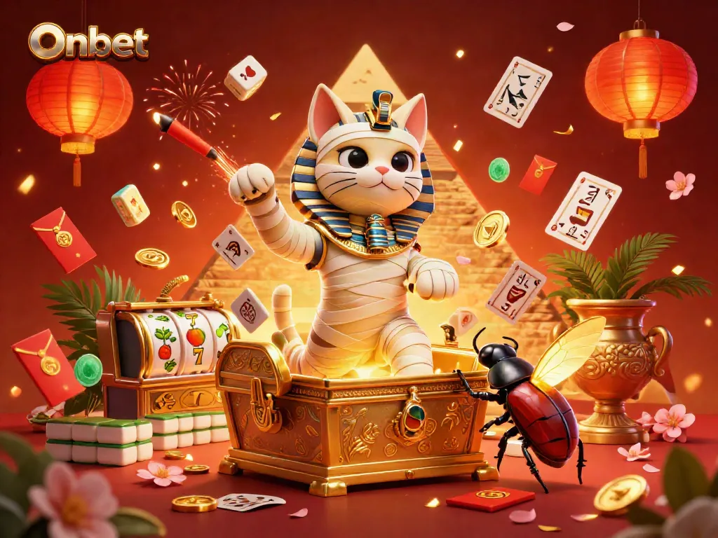 Engage with the action of Onbet's casino universe featuring an Egyptian mummy cat and vibrant game elements.