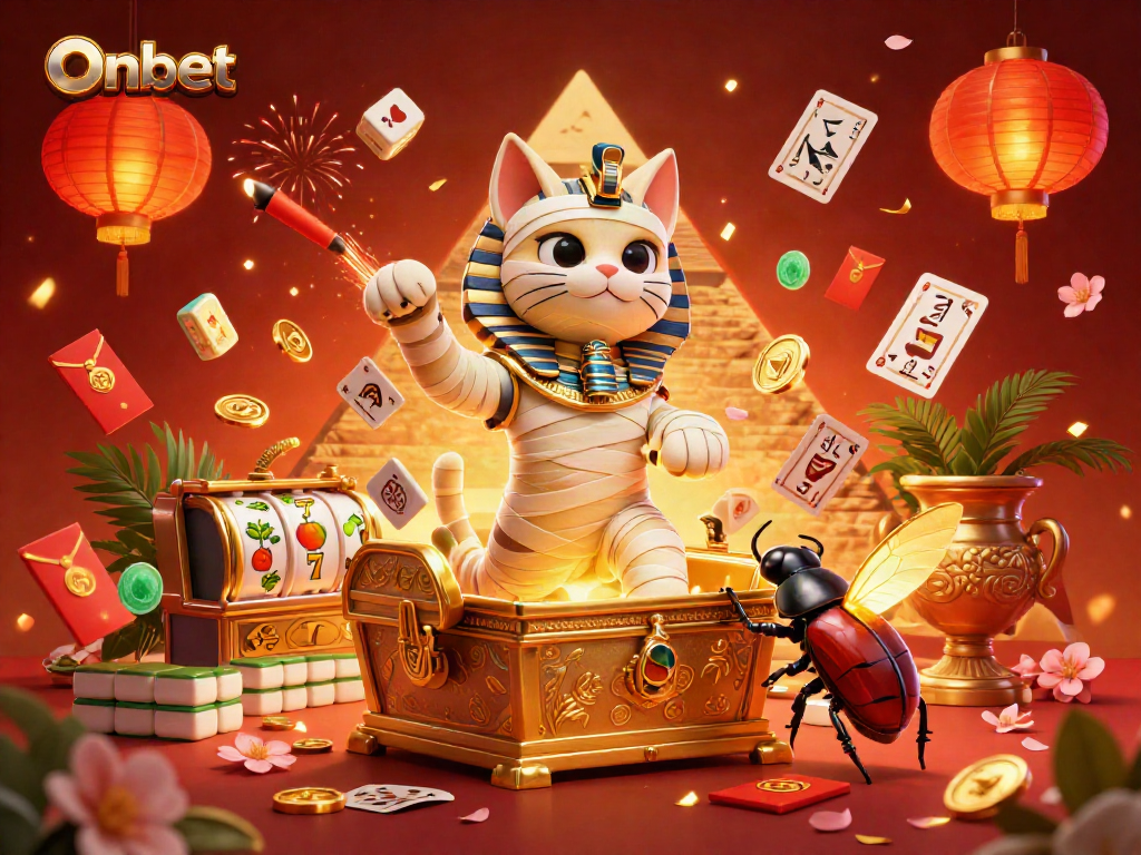 Engage with the action of Onbet's casino universe featuring an Egyptian mummy cat and vibrant game elements.