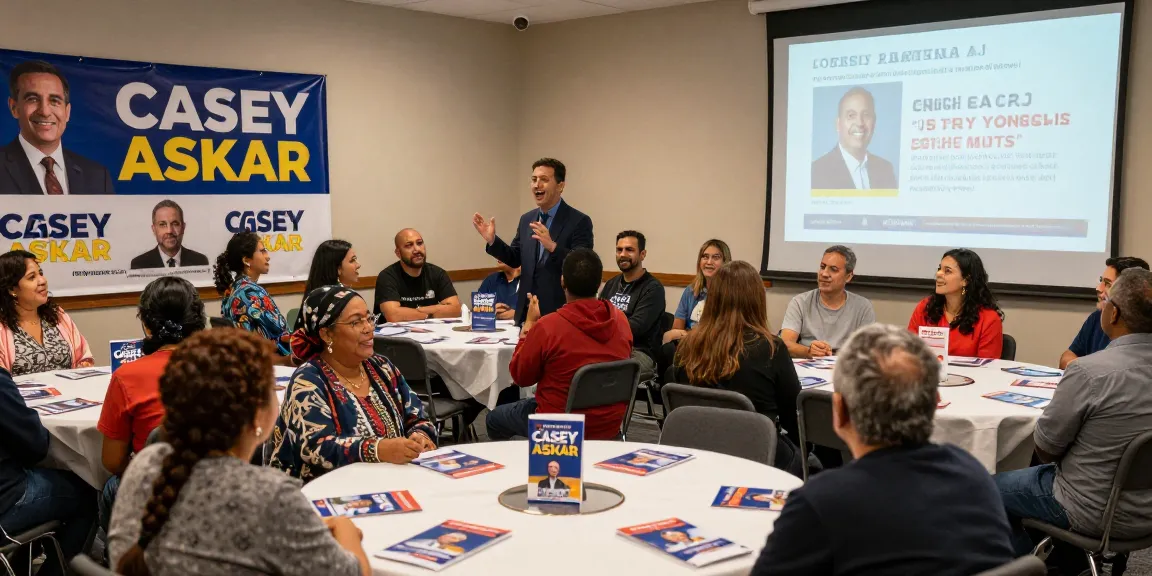 Engaged community members listening to Casey Askar at a political event.