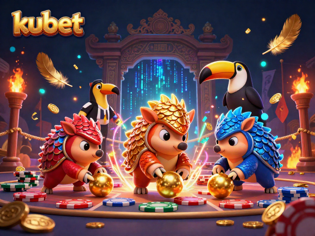 Kubet engages players with a vibrant 3D scene featuring rival pangolins bowling poker chips in a casino arena.