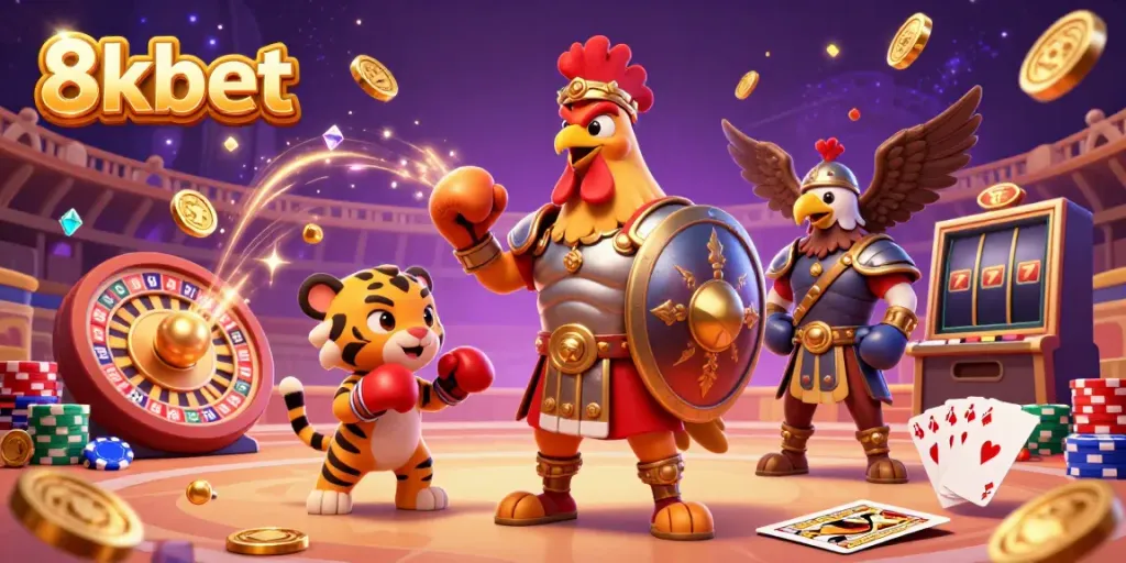 Experience the thrill of 8kbet with a gladiator rooster, tiger cub, and eagle sparring amidst casino excitement.