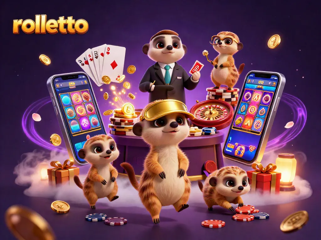 Engage with rolletto in this lively casino scene with meerkats managing games and sneaking chips.