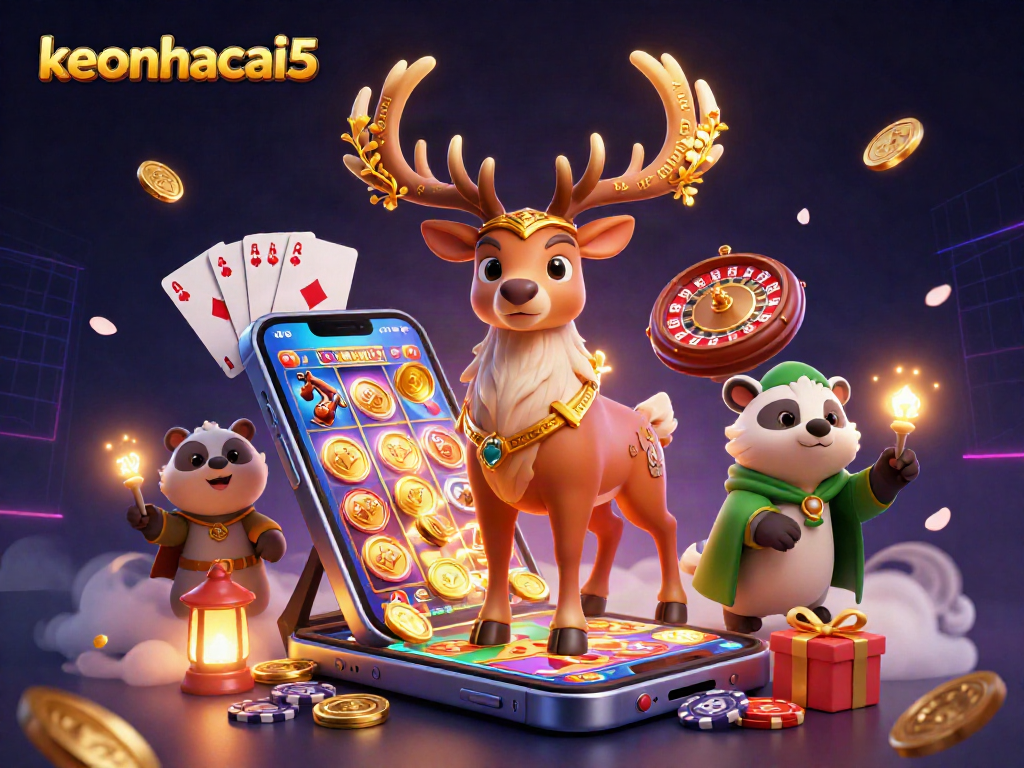 Engage with keonhacai5 in a vibrant 3D casino scene full of dynamic game elements and characters.