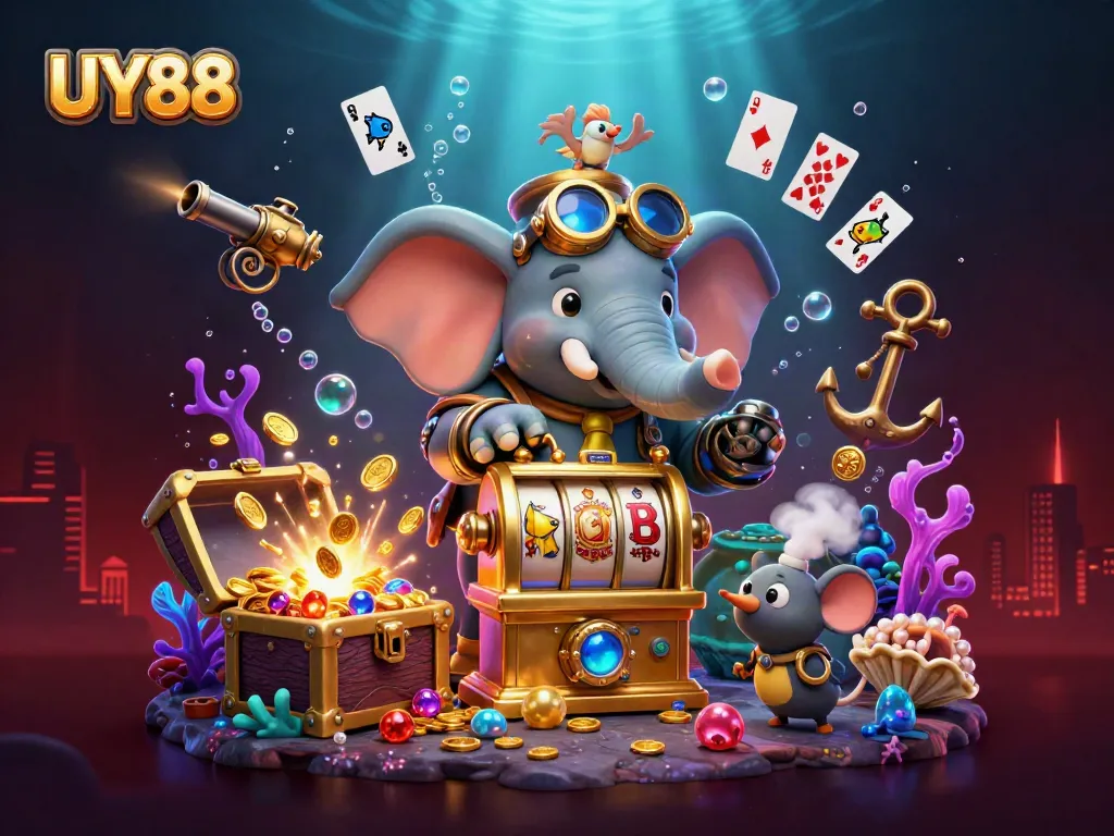 Experience excitement with UY88's unique online gaming features as a steampunk elephant operates a whimsical slot machine.