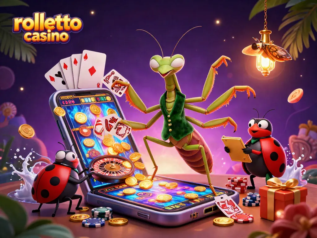 rolletto casino showcases a giant card sharp and ladybug pit boss amid vibrant casino elements.