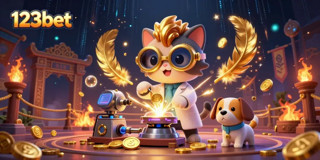 Experience thrilling wins at 123bet with our mad scientist cat and dog creating vast riches!