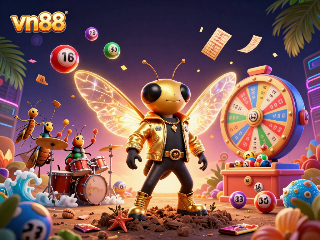 Engage in lottery excitement with vn88's vibrant scene of a cartoon cicada rock star and dynamic game elements.