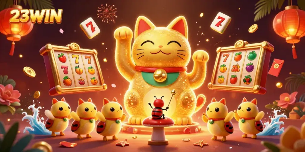 Experience thrilling wins with the 23WIN lucky cat, surrounded by casino symbols and festive decorations.
