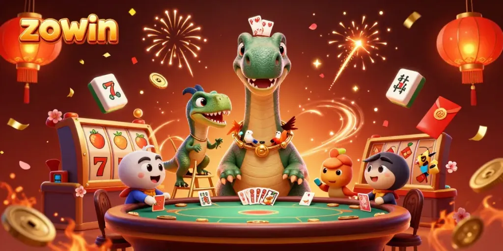 Zowin presents a vibrant scene of a brontosaurus and raptor interacting over a lively poker game in an exciting casino atmosphere.