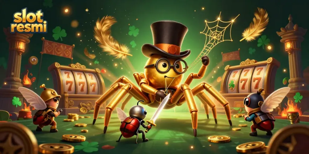 Engage with slot resmi through a captivating scene featuring a golden tarantula and brave knight.