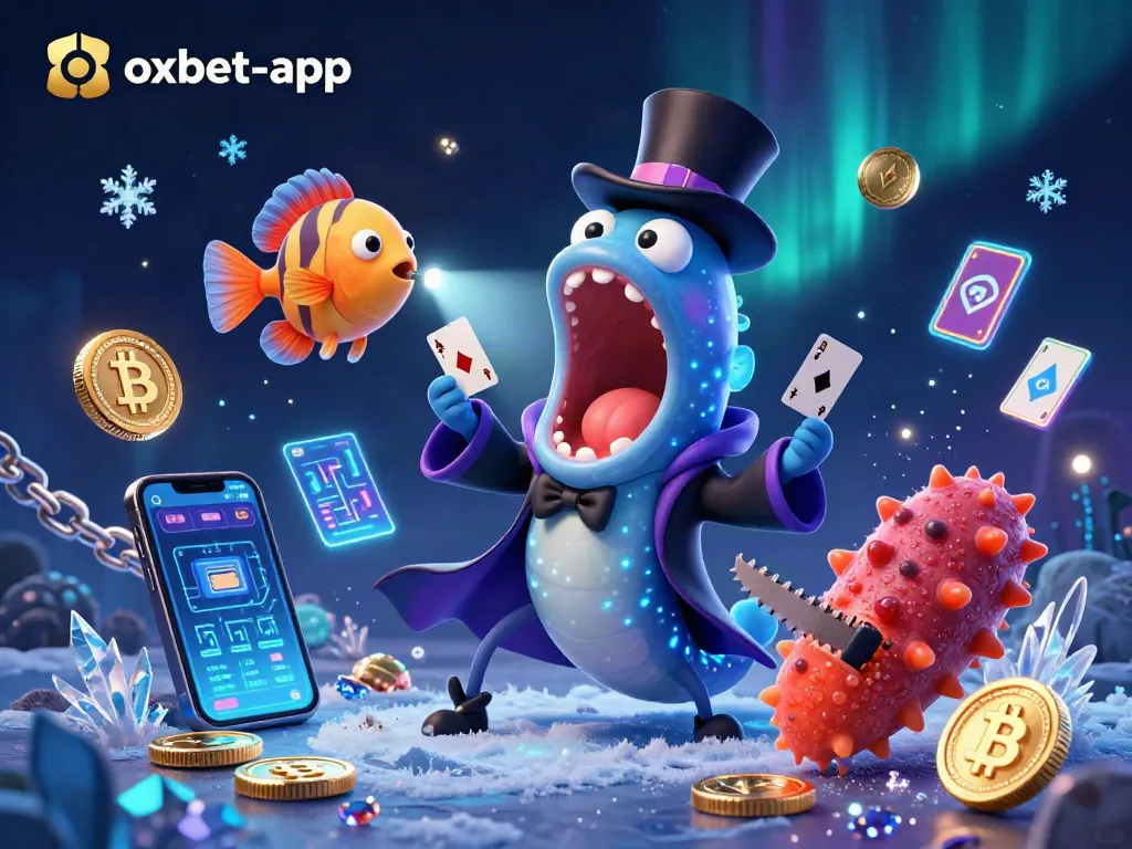 Experience the excitement of oxbet-app with 3D cartoon characters in a magical casino setting featuring colorful coins and vibrant effects.