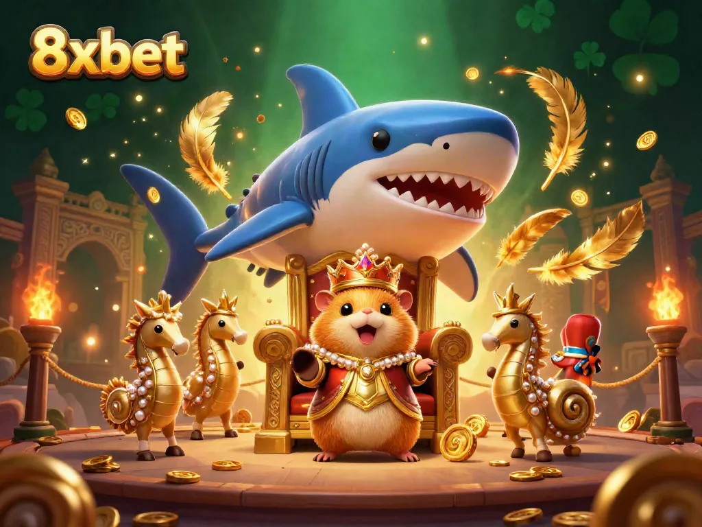 Engage in the thrilling world of 8xbet with a dynamic casino-themed 3D illustration featuring a hamster king.