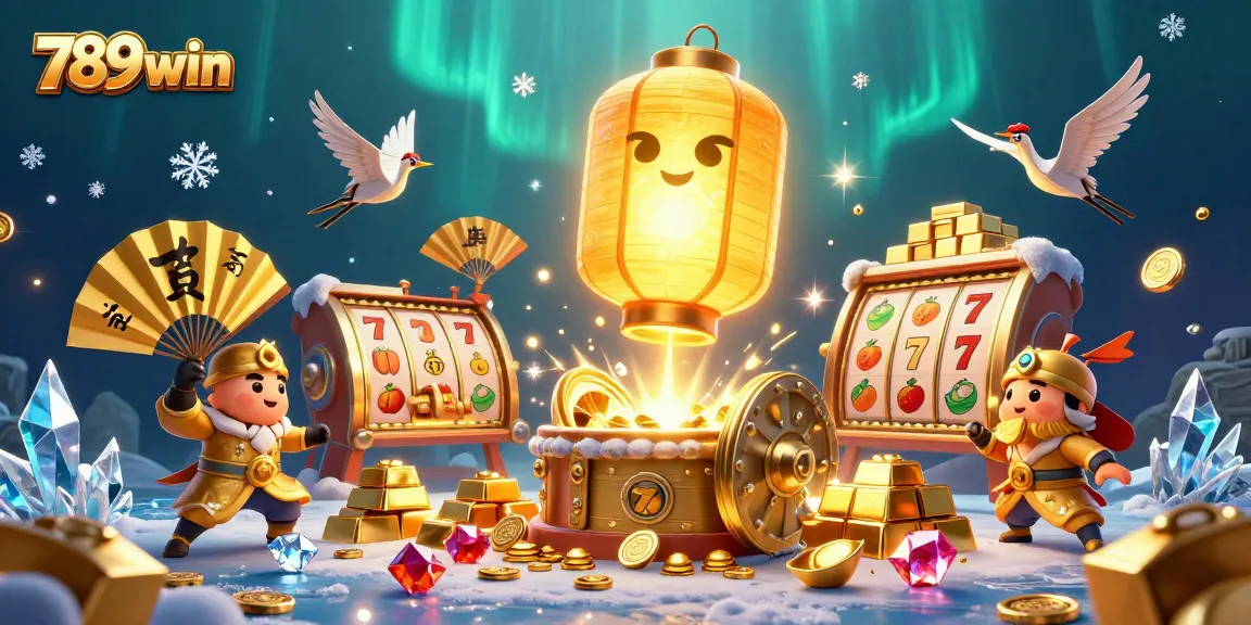 Engage with 789win's vibrant casino scene featuring a giant lantern spirit and dynamic slot machines.