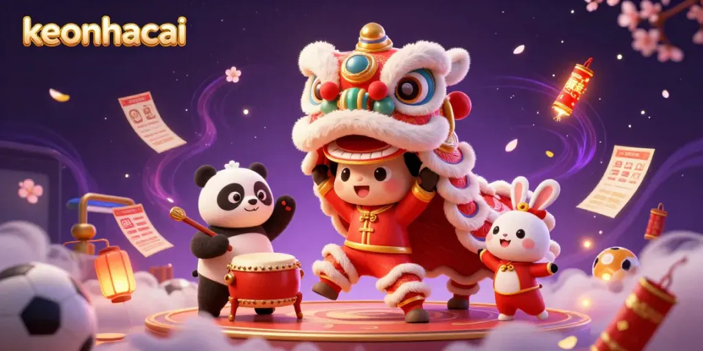 Engage with keonhacai's lively atmosphere showcasing a lion dance and sports betting with vibrant elements.