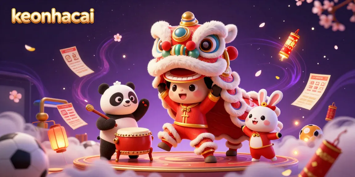 Engage with keonhacai's lively atmosphere showcasing a lion dance and sports betting with vibrant elements.