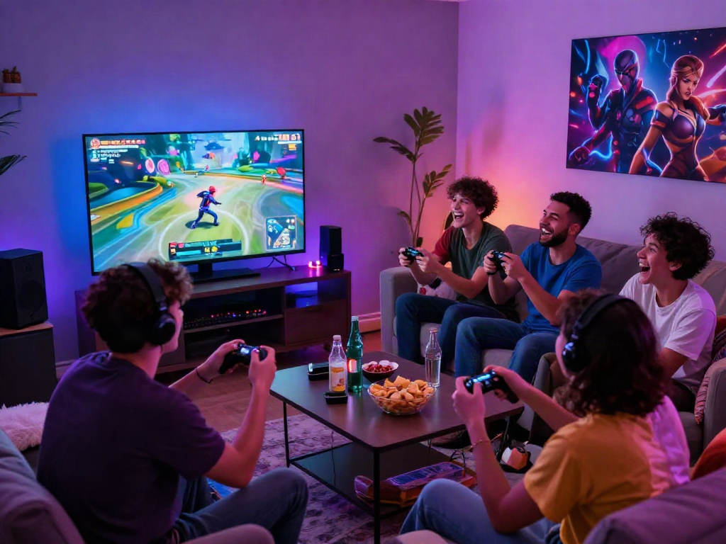 Friends enjoying multiplayer xxx games in a lively living room setting.