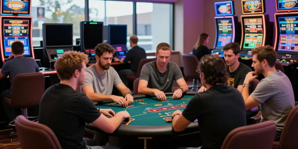Experience the excitement of GEM88's gaming floor at http://gem88-mobile.com, with players immersed in various digital games and vibrant surroundings.
