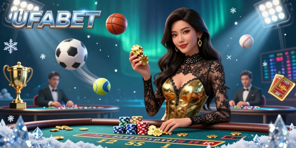 Bet on UFABET with a stunning Asian dealer at a luxurious baccarat table, surrounded by sports elements.