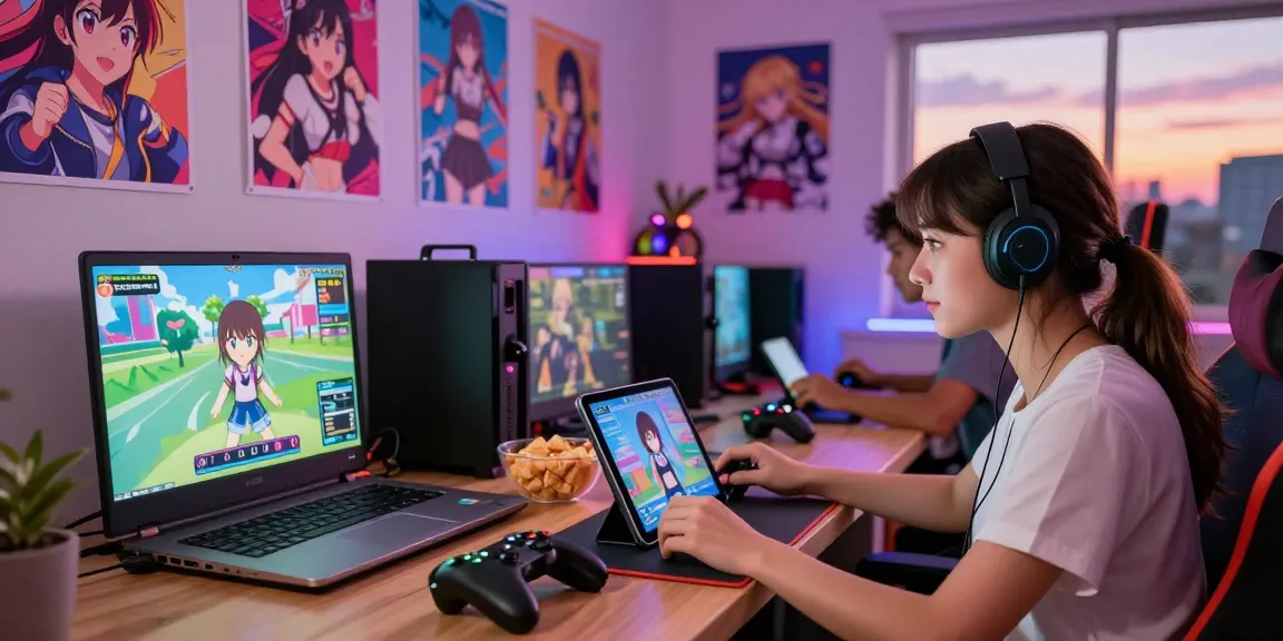 Players enjoying an ecchi game online in a cozy gaming room, showcasing diverse devices and vibrant atmosphere.