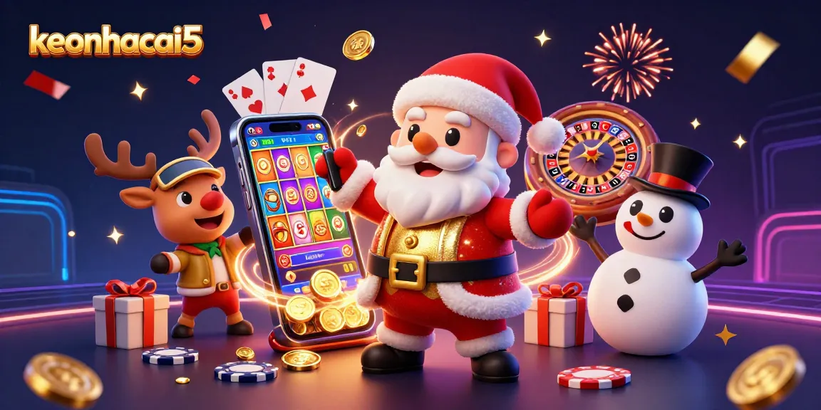 Experience the thrill of gaming with keonhacai5, featuring Santa, reindeer, and snowman in a vibrant casino setting.