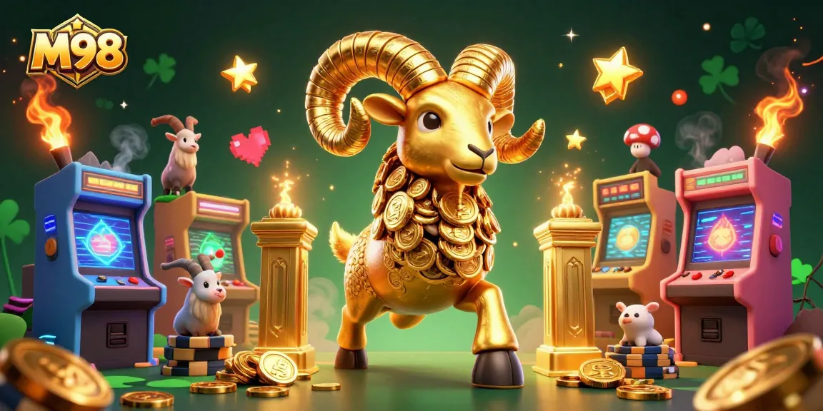 M98 gamifies winning with a golden ram charging through vibrant casino elements.